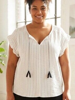 Four Dreamers Cream Striped V-Neck Top with Tassel Ties Sz XL